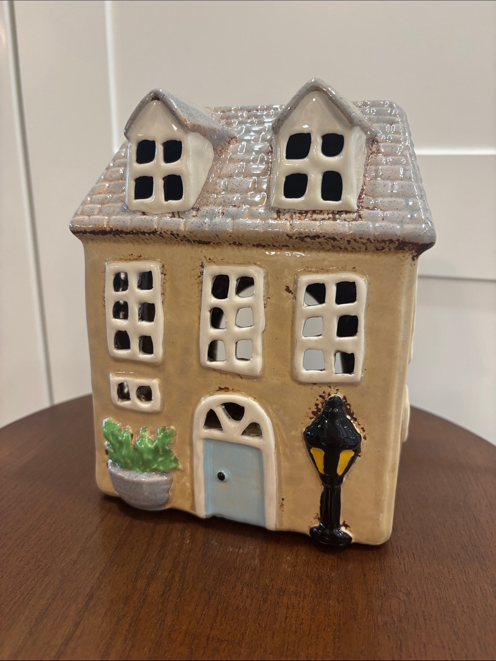 Ceramic Cottage Candle Lantern - Beige with Blue Door